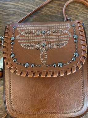 Embellished Tan Leather-Effect Crossbody Bag
